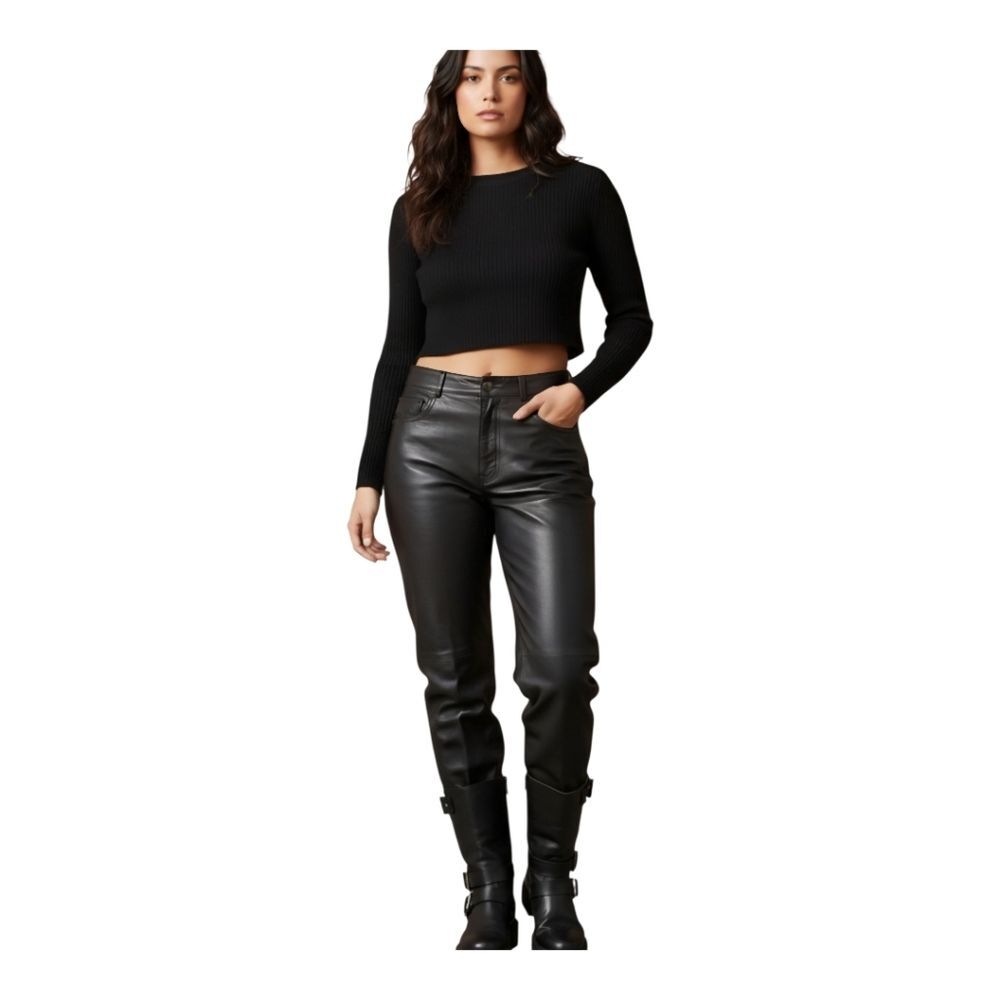 Black Leather Trousers USA Bikers Straight Leg Moto Pants 12 Classic 5 Pocket